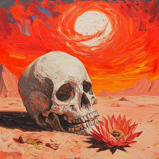 skull and lotus flower in the desert, as a painting, in the stlye of Van Gogh --v 6.0