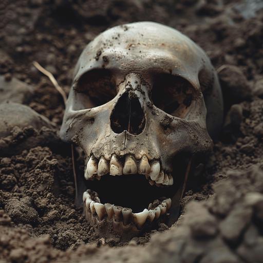 skull with bad teeth in dirt