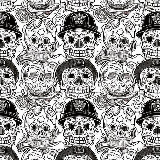 sugar skulls with firefighter helmet in repeating patterns in black and white outline --v 5 --s 250