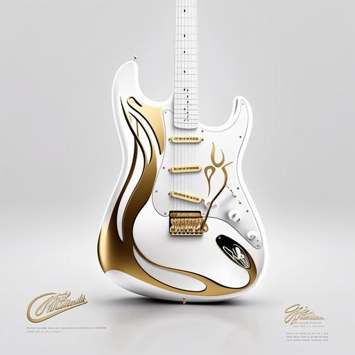 sleek and modern guitar brand logo fender style gold and white, full body