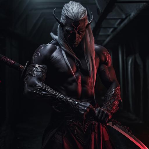 sleek and muscular male dark elf drow mixed with Darth Maul as a weapons master, white hair with knife blades weaved into his hair, terrifying hyper detailed black onyx and red robes, white tattoos, emerging from the shadows, full body action shot, cinematic dark underground city, unreal engine, legend of the cryptids art, low key lighting