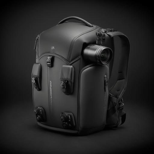 sleek outdoor style professional camera backpack featuring a coated black exterior fabric and matching high quality performance oriented hardware. The backpack is pictured viewed from a three quarter angle and is dramatically lit against a dark background