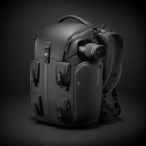 sleek outdoor style professional camera backpack featuring a coated black exterior fabric and matching high quality performance oriented hardware. The backpack is pictured viewed from a three quarter angle and is dramatically lit against a dark background