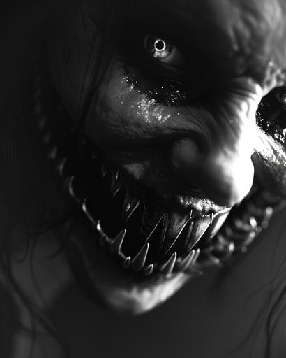 sleep paralysis demon smiling a terrifying toothy grin, cinematic, contrast, 4k, black and white --ar 4:5