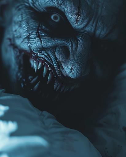 sleep paralysis demon smiling a terrifying toothy grin, cinematic, 4k --ar 4:5