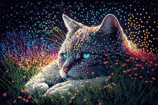 sleeping cat in a flower field | multicolor dot drawing made of a million single dots, 8K HQ LED light | --v 4 --ar 3:2