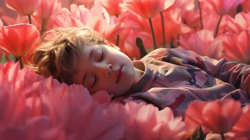 sleeping cute boy in windy mystic pink green tulip mood place--v 4 --ar 16:9 --v 5.2