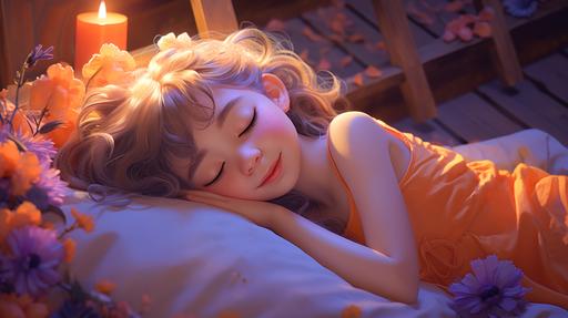 sleeping cute girl in pastel orange purple mood beautiful place--v 4 --ar 16:9 --v 5.2