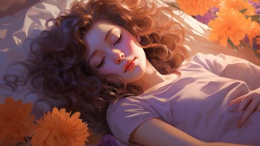 sleeping cute girl in pastel orange purple mood beautiful place--v 4 --ar 16:9 --v 5.2