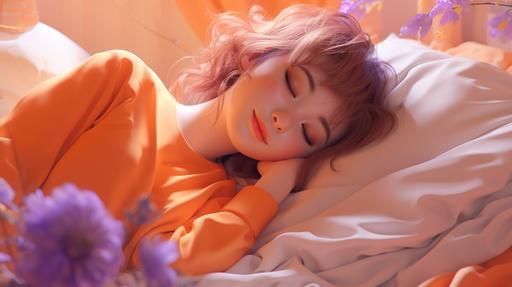 sleeping cute girl in pastel orange purple mood beautiful place--v 4 --ar 16:9 --v 5.2