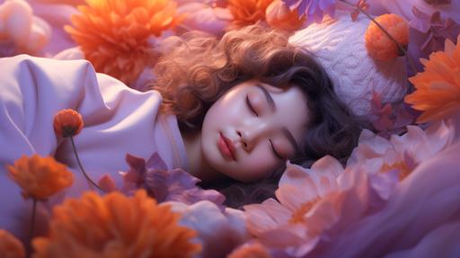 sleeping cute girl in pastel orange purple mood beautiful place--v 4 --ar 16:9 --v 5.2