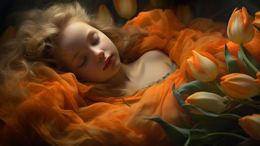 sleeping cute girl in windy mystic orange yellow green tulip mood place--v 4 --ar 16:9 --v 5.2