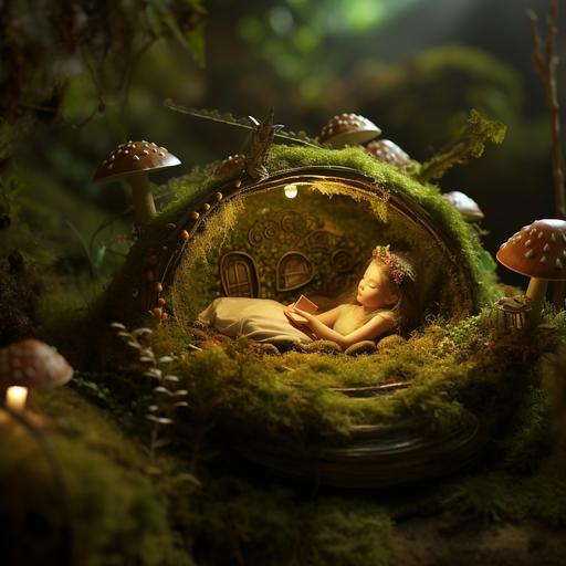 sleeping fairy in a utopian halved snail shell bed,fireflys,mossy, plants,mystical atmosphere--s 200 --c 10