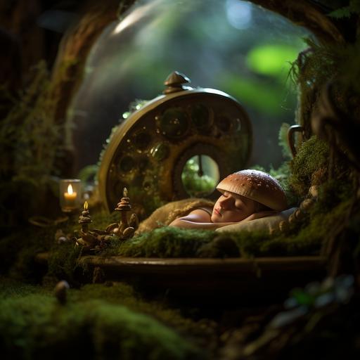 sleeping fairy in a utopian halved snail shell bed,fireflys,mossy, plants,mystical atmosphere--s 200 --c 10