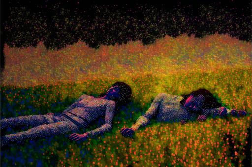 sleeping people in a flower field | multicolor dot drawing made of a million single dots, 8K HQ LED light | --v 4 --ar 3:2
