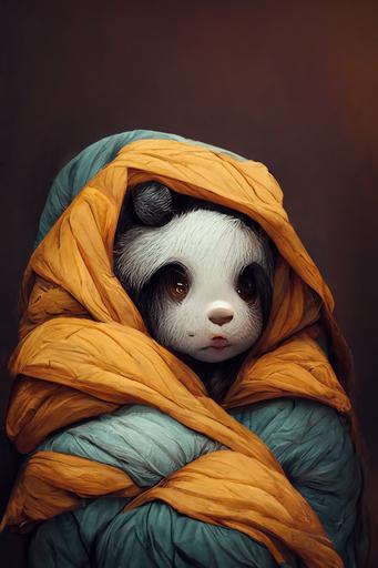 sleepy panda wrapped in blanket:: character art, highly detailed, artstation --ar 10:16