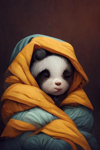 sleepy panda wrapped in blanket:: character art, highly detailed, artstation --ar 10:16 --uplight