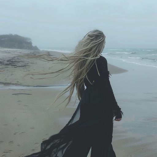 slender blonde witch with dreadlocks wandering along the beach on a cloudy day, the sea is calm, there are no other people other than her