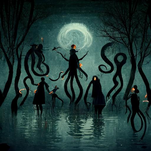 slender man, witches, wands, flowing River, octopus jumping