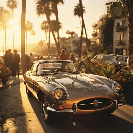 slim aarons style photography from the 1960s with a tiger sitting on top of a vintage sports car, sunset in rhe back groudn and glamourise hollywood locations. Style classic getty image collection. Vintage photography. grainy film effect as taken on film real --s 250