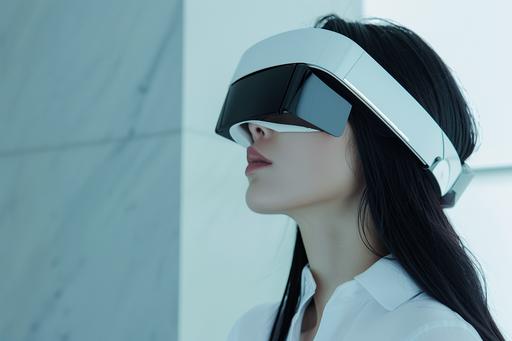 slim profile conceptual vr headset, white, black with metal accents on a brunette beautiful Caucasian woman face --s 50 --v 6.0 --ar 3:2 --chaos 10