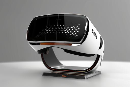 slim profile, sleek, modern vr headset, white, black with metal accents, rests on a 3d printed bespoke stand, conceptual design. VR design compliments the sleek modern profile. VR display is glossy plastic with 