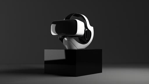 slim profile vr headset, mounted on a cube, sphere, conical shaped design, glossy black, white, metal accents, small details, speaker like materials --ar 16:9 --s 50