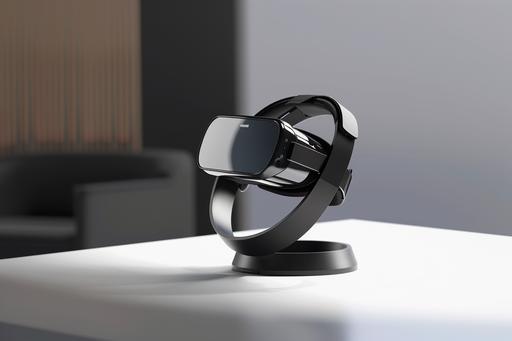 slim profile vr/ar headset on a stand, base, mount, circular, with a glossy black hud on the visor   --ar 3:2 --s 50