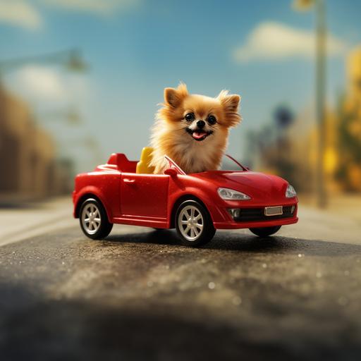 slinkachu, comically tiny yellow cartoon longhaired chihuahua driving a red kia stinger, photograph, high definition, 8k detailed, hyperrealistic --s 50