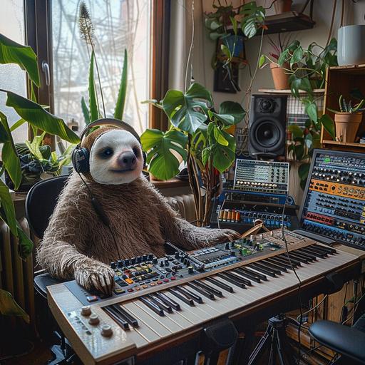sloth human hybrid, human body and sloth face or head. In a music studio making some hip hop sample based beats. There is an MPC 200 and SP404 as well as various keyboards in the studio. The room is also filled with plants and gets lots of natural light through the windows.