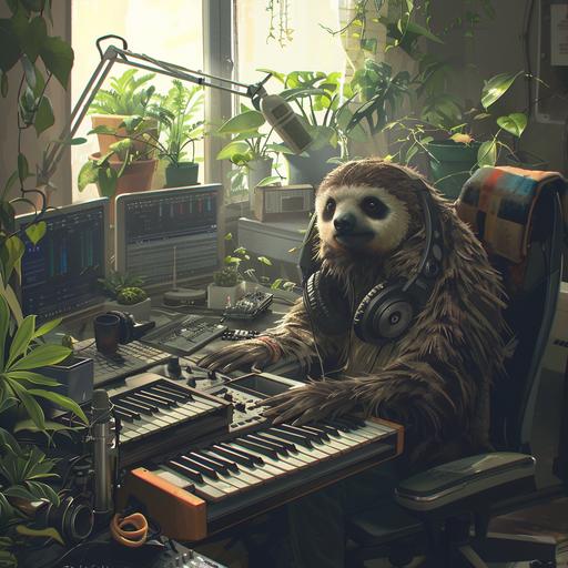sloth human hybrid, human body and sloth face or head. In a music studio making some hip hop sample based beats. There is an MPC 200 and SP404 as well as various keyboards in the studio. The room is also filled with plants and gets lots of natural light through the windows.