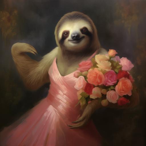 sloth in a dress, mafia, quinceanera dress, beautiful, oil painting --v 5.1