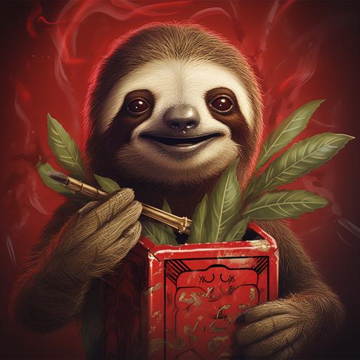 sloth smoking marihuana cigarette and holding a red cigarette box featuring a weed leaf cartoon