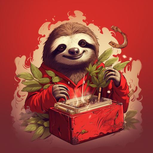 sloth smoking marihuana cigarette and holding a red cigarette box featuring a weed leaf cartoon