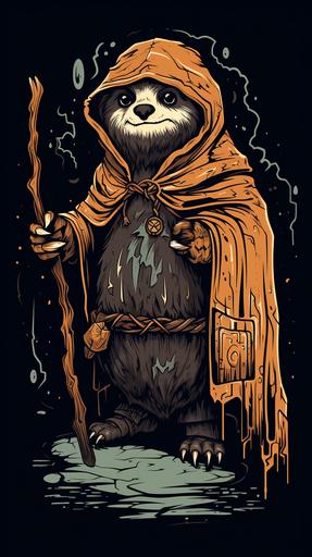 sloth wizard, cartoon, very thick lines, thick line draw, darkest dungeon game style, woodcut, muted colors --ar 9:16