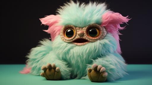 sloth wizard furby toy, 90s kid advertising, super detailed, super realistic, mint green and cottoncandy pink --ar 16:9