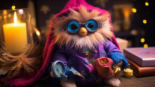 sloth wizard furby toy, 90s kid advertising, super detailed, super realistic --ar 16:9