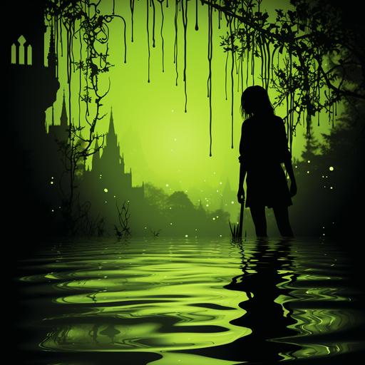 sludgepunk, glowing slime green, female shadow silhouetted behind neon victorian sheet of water, intricate, serene --style raw --s 810 --c 45