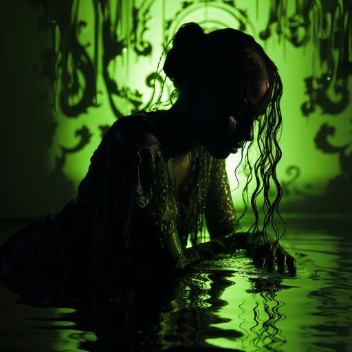 sludgepunk, glowing slime green, female shadow silhouetted behind neon victorian sheet of water, intricate, serene --style raw --s 810 --c 45