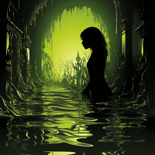 sludgepunk, glowing slime green, female shadow silhouetted behind neon victorian sheet of water, intricate, serene --style raw --s 810 --c 45