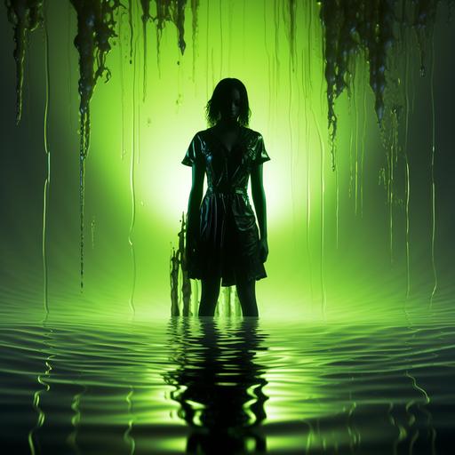 sludgepunk, glowing slime green, female shadow silhouetted behind neon victorian sheet of water, intricate, serene --style raw --s 810 --c 45