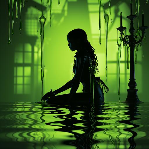 sludgepunk, glowing slime green, female shadow silhouetted behind neon victorian sheet of water, intricate, serene --style raw --s 810 --c 45