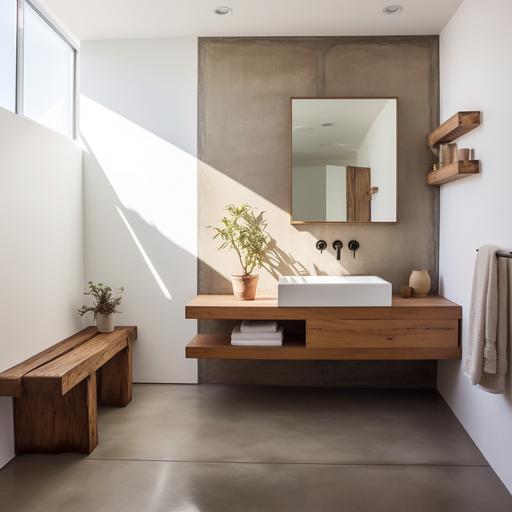 small bathroom with floating wood vanity and concrete floors