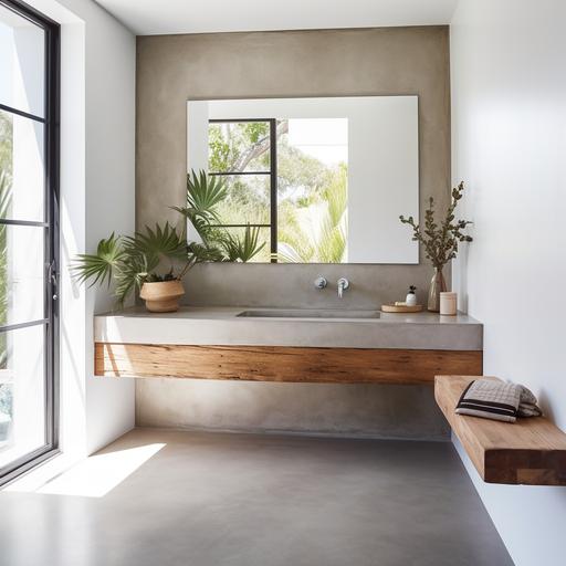 small bathroom with floating wood vanity and concrete floors