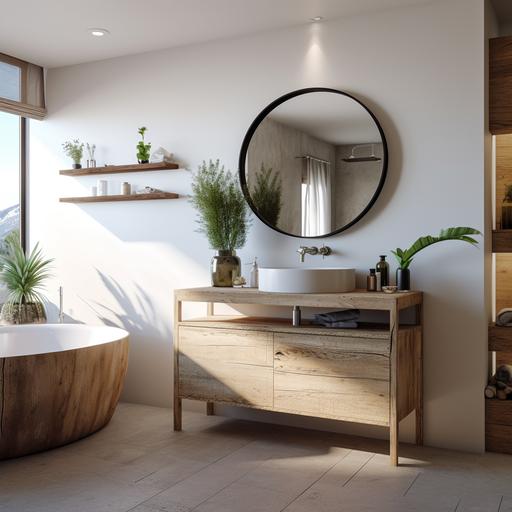 small bathroom with no windows and floating wood vanity and concrete floors with round mirror