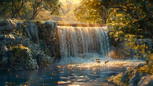 small beautiful waterfall, little animals drinking on a side, calm, realistic, photo-realistic, 8k, highly detailed, full length frame, High detail, sharp focus, hyperrealism, cinematic lighting --ar 16:9 --v 6.0