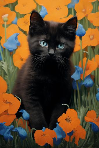 small black kitty, so many blue and orange flowers --ar 2:3