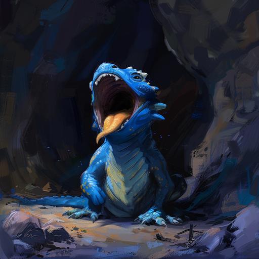 small blue dragon angry mouth open. painted concept art style --v 6.0