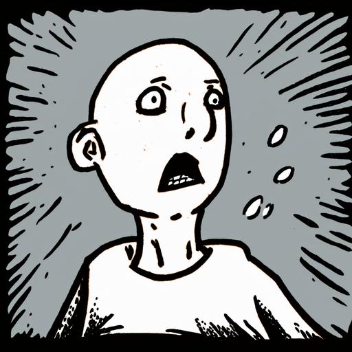 small comic style all white bald man with no nose and big eyes gasping in horror at something unknown bold drawn lines