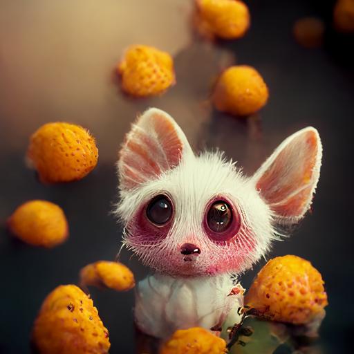 small cute animal   fluffy   orange   white   pink :: sitting : eating a banana :: octane   8k   photorealistic